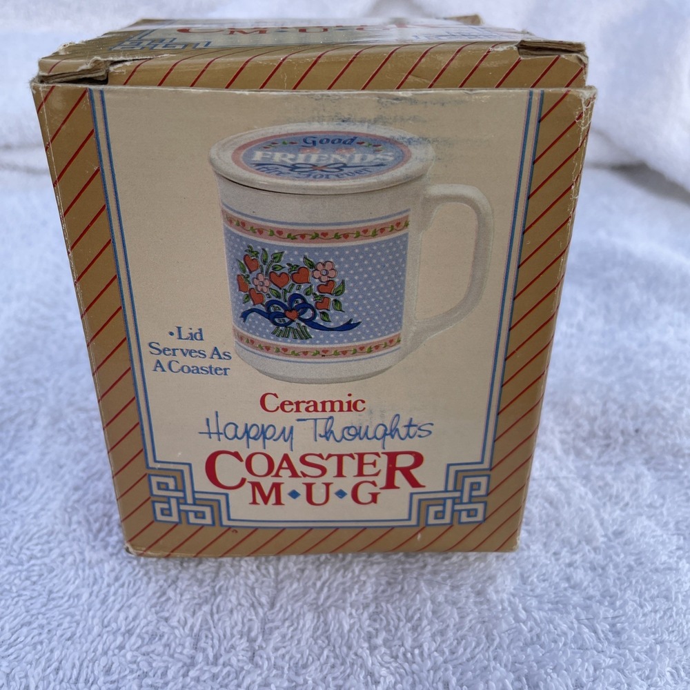 Vintage Ceramic Happy Thoughts Coaster Mug Set - Coffee Mug w/ Lid Granny Core